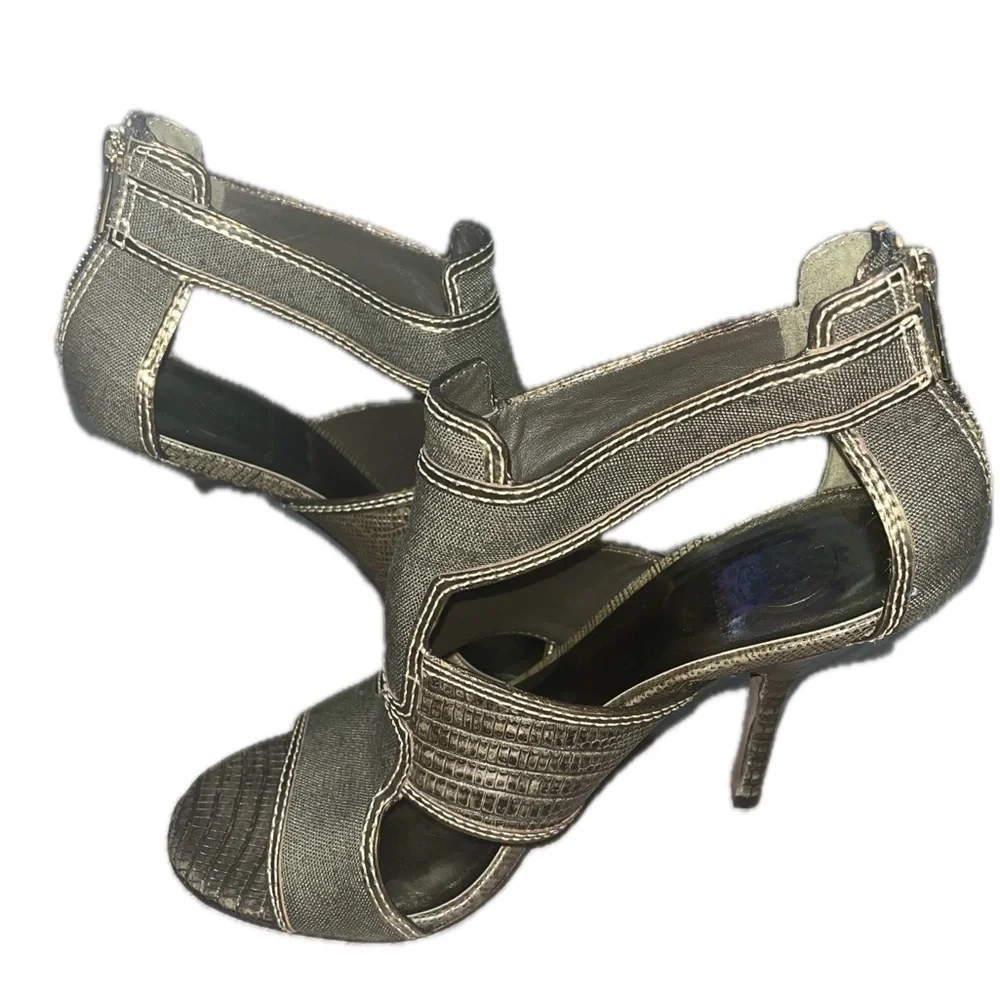 Tory Burch Geoff Olive Green & Gold Caged Heel Sandals 9.5M, Used